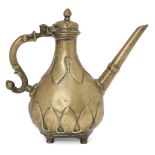 A small Mughal engraved brass lidded ewer with moulded leaf decoration, India, 18th century, of pear