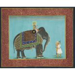 A Mughal noble and his elephant, India, 20th century, opaque pigments on paper, a haloed noble