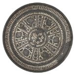 A small silver-inlaid bidri tray, India, 19th century, of circular form, decorated with a series