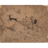 A drawing of a Raja hunting boar, Kotah, Rajasthan. North India, 19th century, ink on paper,