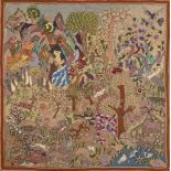 A Kantha embroidered wool textile, West Bengal, early 20th century, depicting a jungle scene with