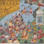 Hanuman and worshippers with shrine, Kulu school, 19th century, opaque pigments on paper, mounted,