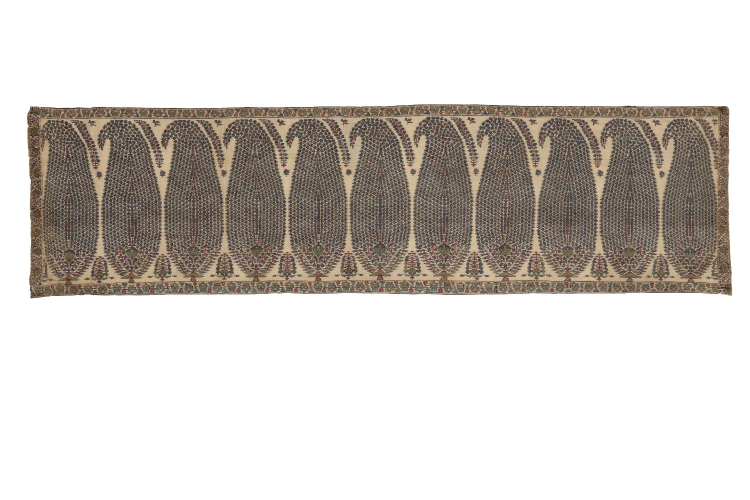 An embroidered Kashmiri shawl border, late 18th century, with large repeating mosaic boteh design in