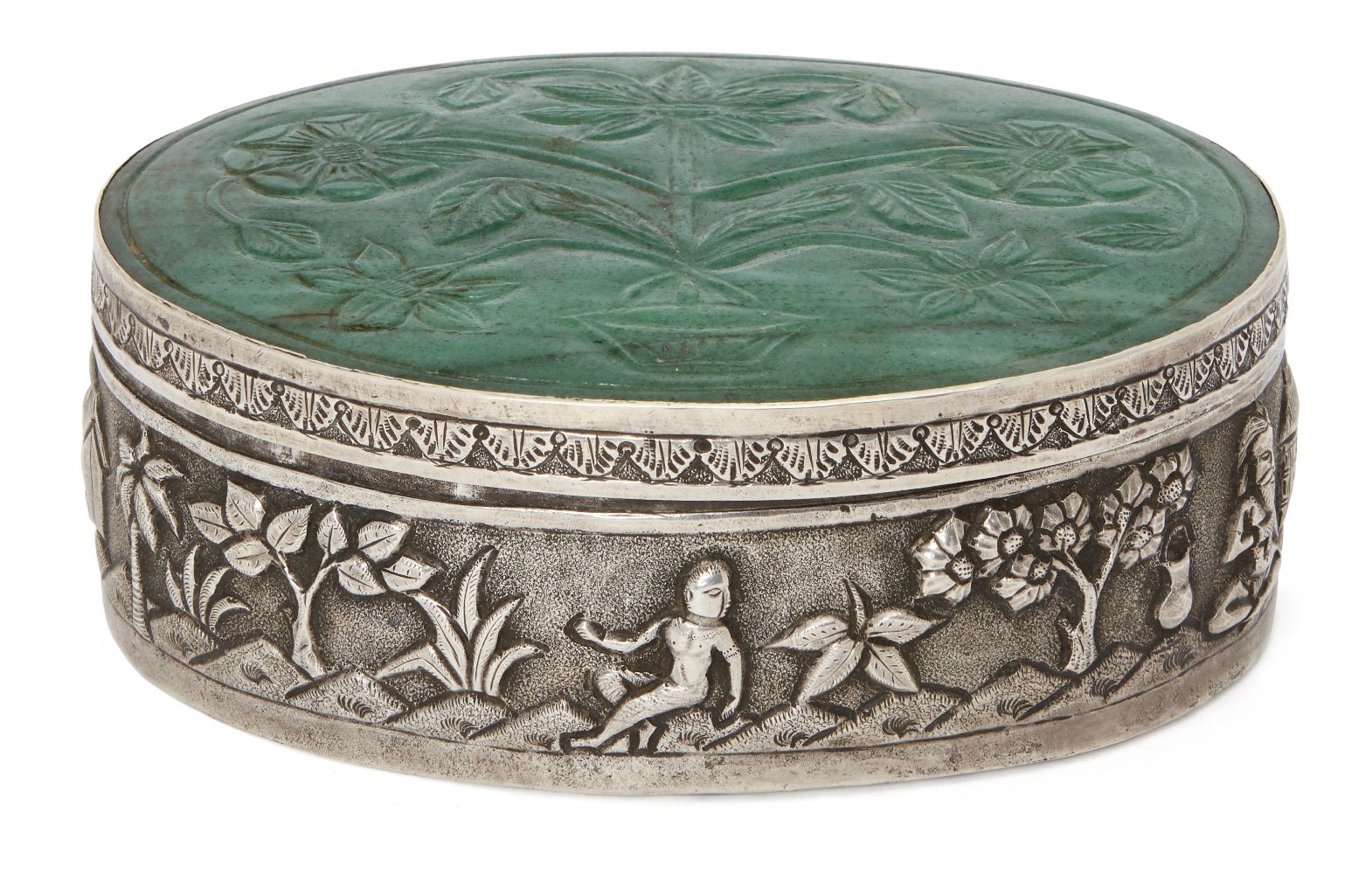 An aventurine or jadeite lidded silver box, India, 19th century, of oval form, the body with