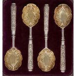 Four gilt silver spoons made in India for export, in original fitted 19th century retailers case