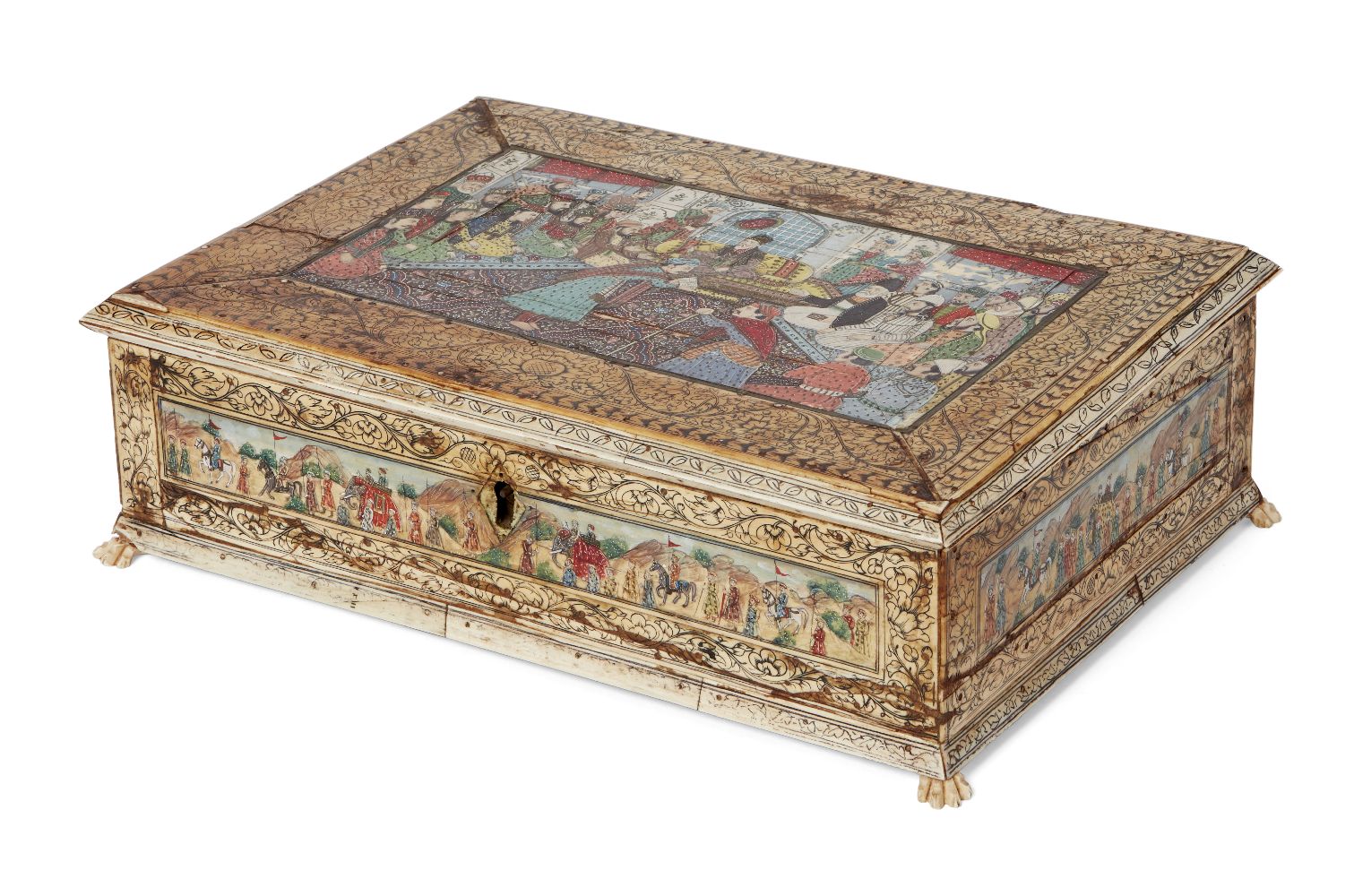 An ivory casket with added painted Durbar scene, Vizagapatam, late 18th and19th century, of