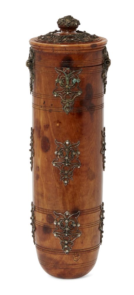 A silver filigree decorated fruitwood betel container, Ceylon (Sri Lanka), late 18th/early 19th