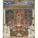 Srinathji and worshippers, Nathdwara, circa 1830, opaque pigments on paper, Srinathji at centre