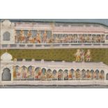 A palace scene from the Ramayana, Kangra or Guler, circa 1800, opaque pigments on paper heightened
