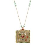 A navratna jade and gold pendant on chain, North India, early 20th century, of rectangular form, the