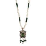 A diamond and carved emerald pendant necklace, India, 20th century, the octagonal pendant set with