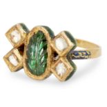 A diamond and emerald-set gold ring, India, 20th century, the central oval emerald with a leaf