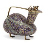 An enamelled zoomorphic covered jug, Kashmir, 19th century, vaguely bird-shaped, on four feet,