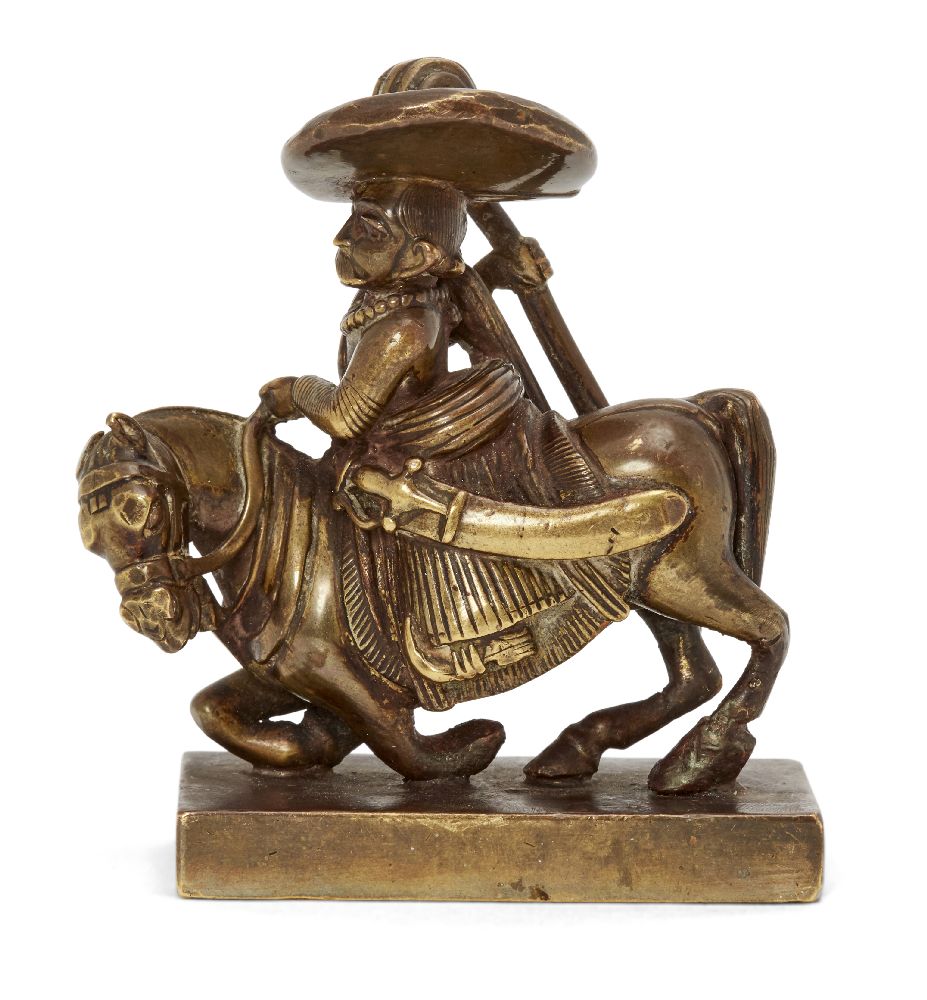 A brass statue of Vizagapatam soldier on horseback, India, circa 1795, on a rectangular base, the