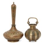 A copper and brass lota and a enamelled brass surahi, South India, 19th century, the first on four