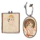 Two small miniature portraits, India, 19th century, ink and gouache on paper, the first depicting
