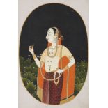 A portrait of a courtesan, Jaipur, India, circa 1800, opaque pigments on paper heightened with gilt,