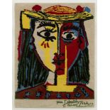 After Pablo Picasso, Spanish 1881-1973- Femme au chapeau a pompons et au corsage imprime, 1994; pure