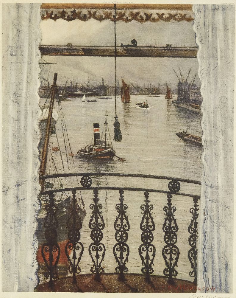 After Christopher R. W. Nevinson ARA, British 1889-1946- Greenwich Reach; offset lithograph in