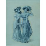 Eva Hollyer, British 1865-1948- Two ladies in elegant attire; gouache, en grisaille and pencil on