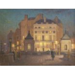 Conrad Heighton Leigh, British b.1883- Buildings on the street at night; oil on canvas, signed, 51.