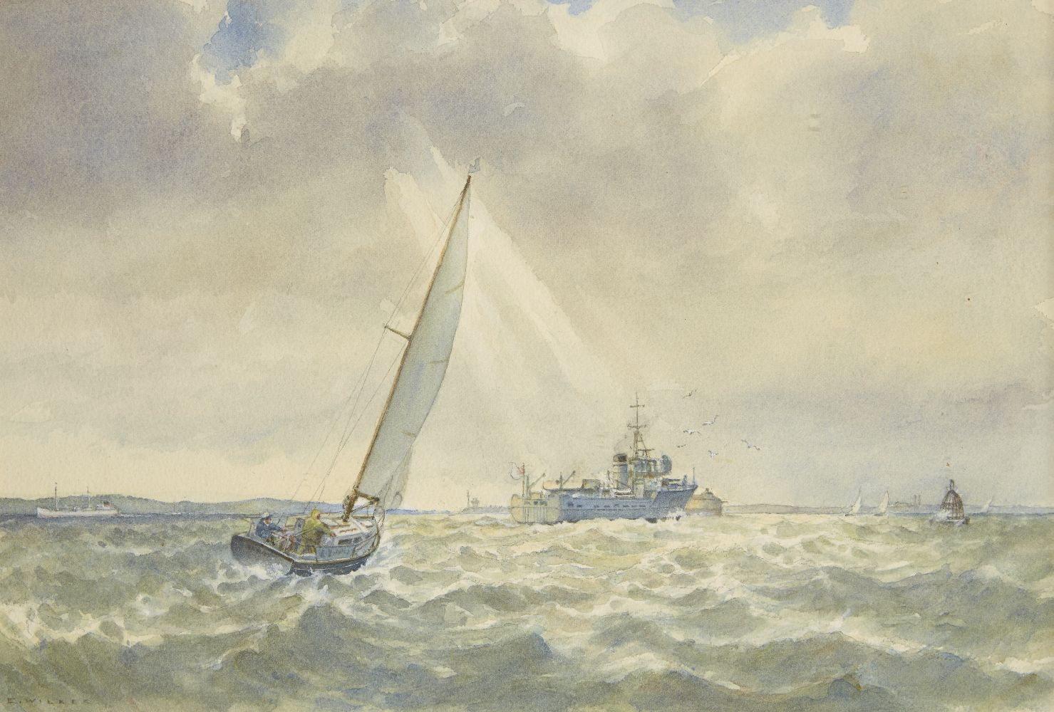 Edward George M Wilkes, British b.1914- Minehunter off Portsmouth; watercolour, signed, bears