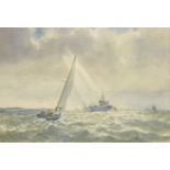 Edward George M Wilkes, British b.1914- Minehunter off Portsmouth; watercolour, signed, bears