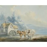 Peter la Cave, British 1769-1816- Figure with a cart and horse on a country lane; watercolour, 12x`