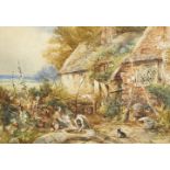 Follower of Myles Birket Foster RWS, British 1825-1899- Figures by a cottage with woodland;