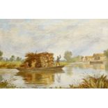 British Provincial School, mid-late 19th century- Boatman transporting hay on a barge along a
