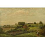 British School, mid 19th century- Mother and child on a path with a farmhouse, woodland and
