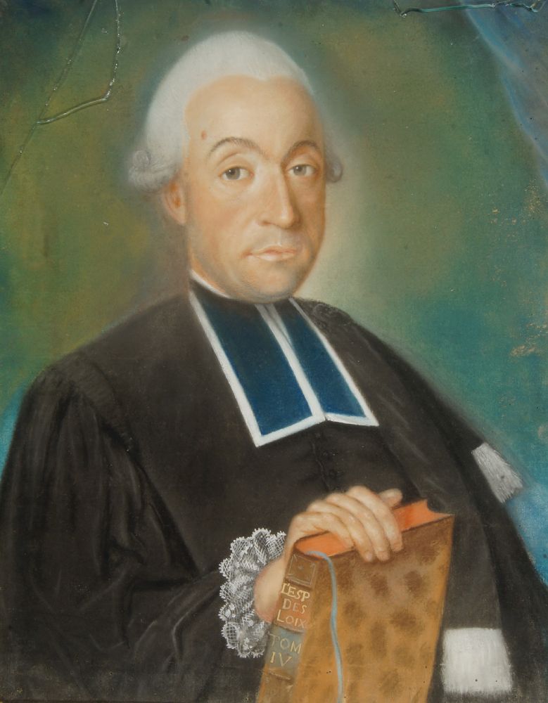 Delaporte, French, late 18th century- Portrait of a cleric holding a book; pastel on paper laid down