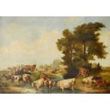 British School, 19th century- Cattle watering and resting on the banks of a river with woodland