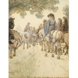 H Sigot, late 19th/early 20th century- Pilgrims on the way to Canterbury; ink and watercolour,