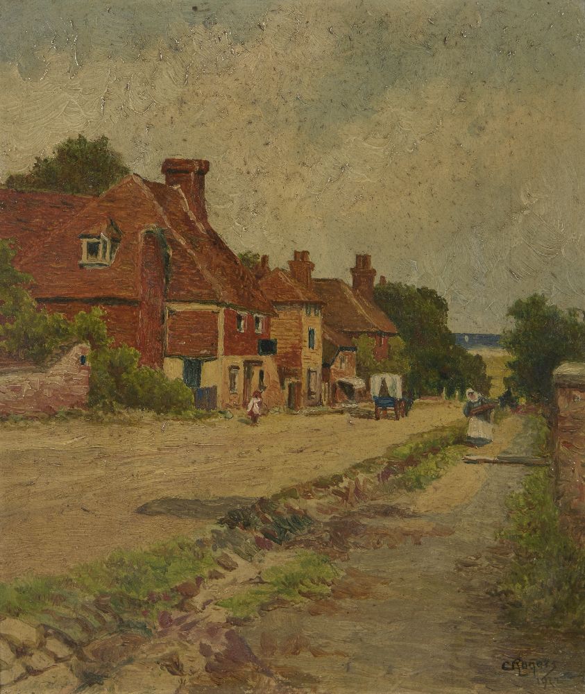 C Rogers, British, early-mid 20th century- Village street, 1922; oil on board, signed and dated,