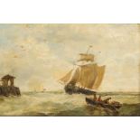 Follower of Thomas Bush Hardy RBA, British 1842-1897- Shipping scene off a jetty; oil on board,