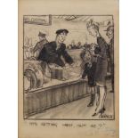 Leslie Grimes, British 1897-1983- H M Customs: "He's getting warm isn't he?"; charcoal on wove,