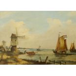 Dutch School, mid/late 19th century- Fisherfolk and barges by a shore; oil on panel, 29x39cm100