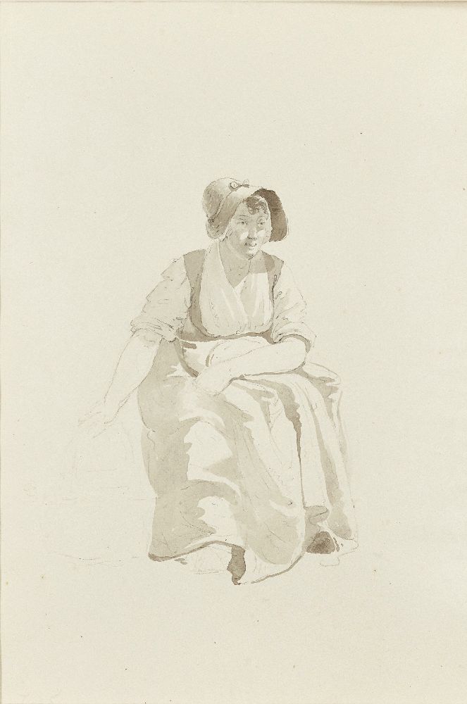 Johannes Christian Schotel, Dutch 1787-1838- Seated woman with a basket; pen and wash over traces of