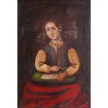 Cusco School, mid-late 20th century- Portrait of a lady seated three-quarter length sewing; oil on