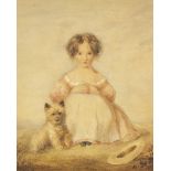 British School, early/mid-19th century- A young girl, seated in a landscape, a terrier at her