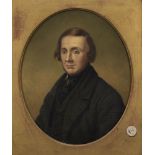 British/American School, mid-19th century- Portrait of a gentleman quarter length in a black coat;