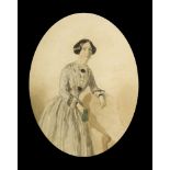 British School, mid-19th century- Portrait of a lady, standing three-quarter length turned to the