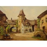Hans Pinggera, Austrian b.1900- Alpine Village scene; oil on canvas, signed, 58x79cm (unframed) (