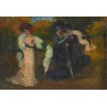 European School, possibly Hungarian, early 20th century- Three elegant figures in a glade; oil on