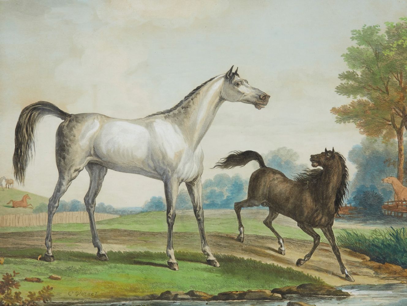 Carle Vernet, French 1758-1836- Two startled horses; hand-coloured lithograph, signed within the