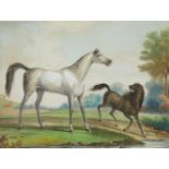 Carle Vernet, French 1758-1836- Two startled horses; hand-coloured lithograph, signed within the