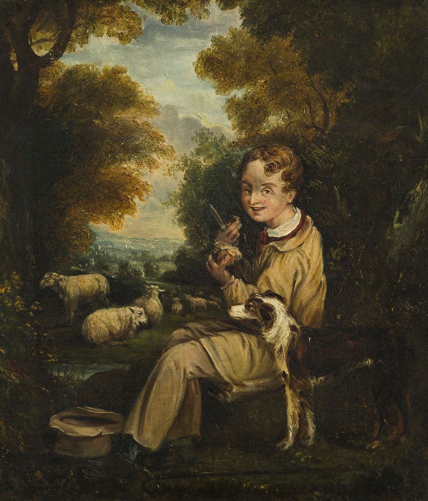 British Provincial School, early 19th century- Shepherd boy with his dog and sheep resting in a