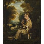 British Provincial School, early 19th century- Shepherd boy with his dog and sheep resting in a