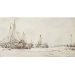 James Webb, British 1825-1895- Beached fishing vessels; pen and brown black ink and watercolour,